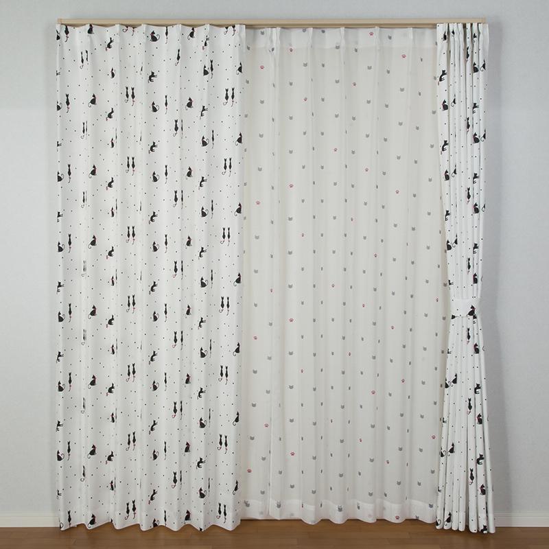 セットカーテン レースカーテン付き モノトーン シンプル ねこ柄 ネコ好き