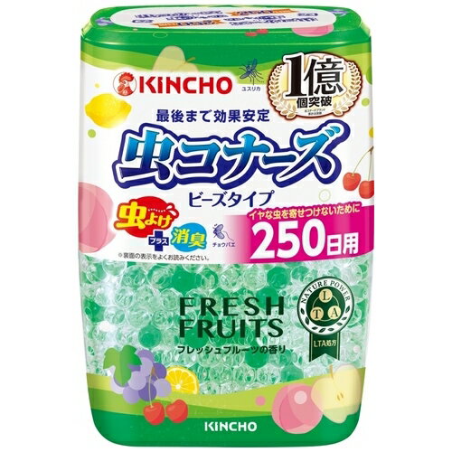 虫よけ効果だけでなく、緑茶抽出物配合で高い消臭効果も発揮します。●用途：ユスリカ、チョウバエ●香り：フレッシュフルーツの香り●内容量：360g●有効期間：約250日●有効成分：香料（テルピネオール、リナロール、アリルエステル、天然精油配合）●種別：フレッシュフルーツ●注意事項：・本品は食べられません。・誤って食べると気管や消化管などが詰まり重症になる恐れがあるので、小児や認知症の方などの手の届かないところでご使用ください。