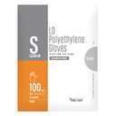 経済的な使いきり手袋。●入数：10000枚（100枚×100パック）●全長：約280mm●中指長さ[mm]：約75●掌幅[mm]：130●手のひら周り：260±5mm●厚[mm]：0.018●サイズ：S●色：半透明●食品衛生法適合：食品衛生法に基づく、食品・添加物等の基準（昭和34年厚生省告示第370号）に適合しています。●粉：粉なし●材質：ポリエチレン●注意事項：カタログ有効期間中にパッケージデザインを変更予定です。●まとめ買い