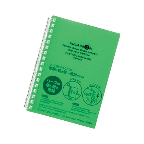 リヒトラブ ツイストリングノート A6 17穴 黄緑 N1664-6（50セット）お得なセット販売はこちら特徴：ツイストリング・ノートのA6サイズです。キラキラ光る水玉をイメージしたAQUADROPsシリーズ。商品仕様：◆罫内容：B罫6mm×20行◆穴数：17穴◆リーフ枚数：30枚◆材質：表紙：ポリプロピレン、綴じ具：ポリカーボネート、リーフ：上質紙◆本体サイズ：横111×縦148×背幅12mm◆規格サイズ：A6・S専用リーフ：N−1663、N−1663S収容量：最大収容枚数：40枚 A6-S next to the 111 × vertical 148 x tall width 12 mm twisted ring notebook A6 size is. The image of polka dot sparkly AQUADROPs series. ◆ rule contents: b bar 6 mm x 20 line ? hole: 17th hole ◆ leaf number: 30 cover: Polycarbonate, polypropylene, binding equipment, leaf: high-quality paper-leaf n-1663 maximum capacity: 40