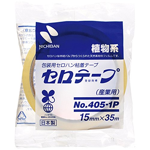 ニチバン セロテープ NO．405-1P 15mmX35m（200セット）特徴：たっぷり使える産業用、大巻きタイプのセロテープです。1巻包装。セロハンは木材パルプから作られた、生分解するフィルムです。植物系。商品仕様：◆巻芯径：76mm（大巻きタイプ）◆カッターなし◆入数：1巻◆材質：基材：セロハン、粘着剤：ゴム系◆本体サイズ：サイズ：15mm×長さ35m Size: 15 mm × 35 m in length can be used plenty of industrial use, is a large wound type adhesive tape. The packaging volume 1. Cellophane is made from wood pulp, biodegradable film. Plant system. ◆ roll core diameter: 76 mm (large volume type) ? cutter without ◆ quantity: 1 rubber materials: cellophane, adhesives