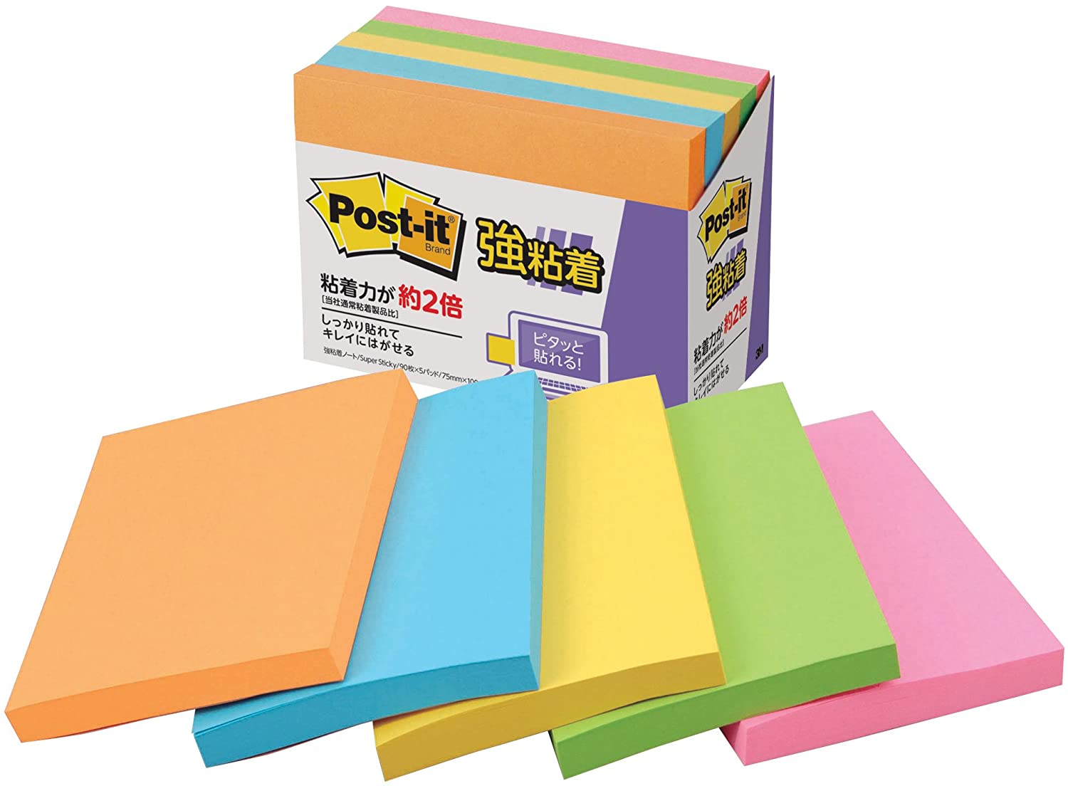 スリーエム ポストイット強粘着製品 ノート ネオンカラー混色 75mm×100mm 90枚×5パッド 657-5SSAN ふせん 付箋 /4547452939480
