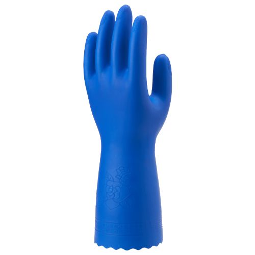 手によくフィットする薄手タイプの作業手袋。●サイズ：S●色：ブルー●材質：ポリ塩化ビニル●全長［mm］：約300●中指長さ［mm］：約75