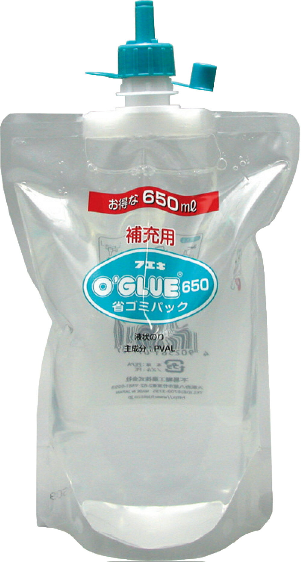 フエキ 液状のり オーグルー補充液 GHS65 650ml 省ゴミパック特徴：折りたたんで捨てるとゴミが約1／10（当社比）になります。商品仕様：◆内容量：650ml◆1mlあたりのコスト（ユニットプライスは）1円となり、お得です。◆材質：PEナイロン混合A characteristic: Garbage becomes about 1/10 (of that of the conventional company products) when I throw it away by folding. Product specifications: ◆Inner capacity: It is cost (as for the total charge) 1 yen per 650 ml of ◆ 1 ml and is advantageous. ◆Materials: PE nylon mixtureHow to order in shopping cart