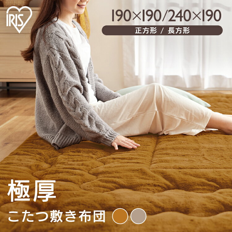 ボリュームたっぷりで、包み込まれるような肌ざわり。極厚こたつ敷き布団。◆ずっと触れていたい、さわり心地さわり心地の良いラビットファー調。【ラビットファー調】ウサギの毛並みのような、きめ細かくふんわり柔らかなさわり心地。◆極厚でふんわり、あったか極厚！厚さ約4cm。蓄熱綿使用で暖かさ持続。◆いつでも清潔に使えるご家庭での手洗いが可能です。※こちらのページはこたつ敷き布団のみの販売です。●商品サイズ（cm）KSB-R1919：幅約190×奥行約190（正方形）KSB-R1924：幅約240×奥行約190（長方形）●対応こたつサイズ（cm）KSB-R1919：約60〜80×60〜80KSB-R1924：約80〜120×60〜80●材質＜表側＞ポリエステル100％＜裏側＞ポリエステル100％＜詰め物＞ポリエステル100％●充填量KSB-R1919：約1.5kgKSB-R1924：約1.9kg●お手入れ方法手洗い可能※洗濯機や乾燥機は使用しないでください（検索用：こたつ敷き布団 こたつ 敷布団 正方形 長方形 コタツ 炬燵 布団 ふとん 暖かい ラビットファー調 4967576680097 4967576680110 4967576680127 4967576680134） 最強翌日配送対象商品に関するご案内 最強翌日配送対象商品・対象地域に該当する場合は最強翌日配送マークがご注文カゴ近くに表示されます。 最強翌日配送可能なお支払方法は【クレジットカード、代金引換、全額ポイント支払い】のみとなります。 下記の場合は最強翌日配送対象外となります。 ・15点以上ご購入いただいた場合 ・時間指定がある場合 ・ご注文時備考欄にご記入がある場合 ・決済処理にお時間を頂戴する場合 ・郵便番号や住所に誤りがある場合 ・最強翌日配送対象外の商品とご一緒にご注文いただいた場合 ・お届け先住所文字数が40文字以上の場合お届け先が沖縄・離島の場合、お届け日時のご希望に沿えない場合がございます。予めご了承ください。
