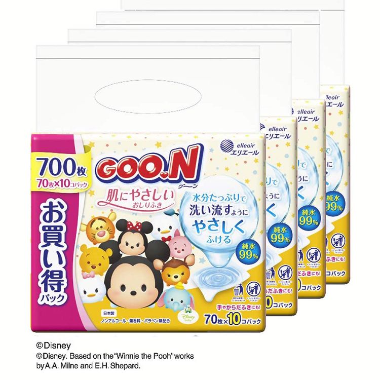 赤ちゃん用 おてふき 体拭き 【4個セット】グーン 肌にやさしい おしりふき 詰替用 70枚 ×10P グーン 大王製紙 おしりふき 厚手 ベビー用品 ノンアルコール 詰替用 つめかえ 肌にやさしい 大容量 エリエール