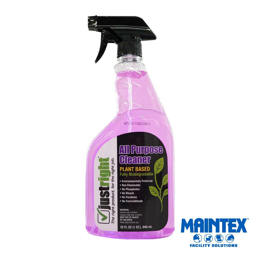植物由来の原料のみを用いた万能クリーナー、ジャストライトプラントベースは環境にやさしいクリーナーでおうちはピカピカに。アメリカのお掃除のプロが使うクリーナーは洗浄成分が商業用レベル、一度ですっきりと安全に汚れを落とします。二度拭きも不要です。 Maintex製品の特徴は、第一にプロフェッショナル仕様、有効成分が安全性が許す限り家庭用より濃度を高く作られている点です。また成分が安定するように作られているため、どんな環境下でも効果を発揮する、プロが求める効率と効果を実現する製品です。 安全性については、日本よりも規制の厳しいカリフォルニア州の法律に基づいて、水、土壌、水質汚染に厳格に配慮し自然に戻らない成分は使用していません。発がん性の疑われる成分、皮膚に刺激があるとみなされる成分もすべて排除して使用しています。 大容量のジャストライトプラントベースのおすすめの使い方は小さいスプレーボトルに小分けしておうちの中の手の届く場所においておきましょう。 環境問題に特に厳しいアメリカ・カリフォルニア州ロサンゼルスで製造された本品は、厳重な品質管理のもと、原料はすべて地球にかえるものを環境に最大限に配慮した生産工場で製造されています。本品を使った布巾などの洗濯の排水も環境に問題ありません。 【使い方】 家具や電化製品、照明器具 ホコリや手垢が気になる家具や電化製品、照明器具は防水、撥水加工で水分が付着しても大丈夫な表面か確認しましょう。 目や手足につかないように離れてスプレーしましょう スプレーしたら乾いた布でふき取ります。 床や壁 気づかないうちに汚れがたまるのが床。気づいたときにシュッとスプレーして簡単拭き掃除。ホコリもたまりにくくなり、キレイなお部屋を保ちます。 台所にある家電やシンク回りにもお使いいただけます。直接食品と接する表面は水拭きをしましょう。 車のインテリアに 小さなスプレーボトルを一本車内においておけばあらゆる汚れに対応でき社内がすっきりと。ダッシュボードや車内を拭き掃除すると見違えるようなキレイな車中空間になります。 【使用上の注意】 瓶が倒れると液体がこぼれます。ご使用の際は十分ご注意ください。 家電製品などに使われる木製パーツにご使用の際は液体が内部にしみこまないようご注意ください。 十分に安全な原料を使用していますが肌の弱い方はゴム手袋着用の上ご使用ください。 ステンレスなどの金属の表面に塗布したまま長時間放置すると変色の可能性があります。ご注意ください。 【応急処置】 ●目に入った場合は水で15分以上洗浄します。 ●皮膚に異常を感じた場合は付着した衣服を脱ぎ水と石鹸で十分に洗います。 ●吸い込んだあと異常を感じた場合空気のきれいな場所に移動します。 ●飲み込んだ場合は水を飲んでください。 ●いずれの場合にも異常があるときは本品を持参して医師に相談してください。 【成分表示】 品名：住居用合成洗剤 用途：リビング、窓ガラス、キッチン、家具、家電製品、床などあらゆる防水加工された表面のほこり、手垢、油よごれ、タバコのヤニなどのお掃除に&#8232;成分：界面活性剤（高級アルコール非イオン系）・イソプロピリデングリセロール・グルタミン酸二ナトリウム二酢酸・クエン酸ナトリウム　香料 液性：弱酸性 使用量の目安：1平方メートルあたり約10回噴射容量 容量：946mL&#8232;※発送元のお知らせ※ 商品管理の都合上こちらの商品はAmazon倉庫から発送される場合がございます。 正規品でございますので、どうぞご安心くださいませ。 ーーーーーーーーーーーーーーーーーーーーーーーーーーー