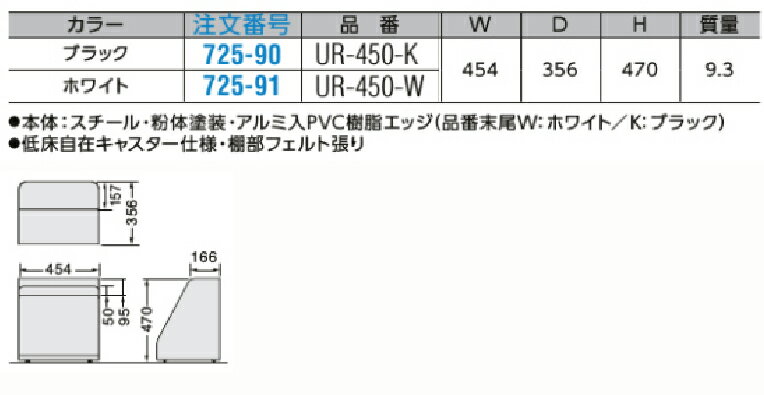 ライオン事務器 デスクアンダーラック UR-450　1台 【 低床自在キャスター付き 】 【 底部 フェルト張り 】 【 選べるカラー 全2色　ホワイト色 or ブラック色 】 【 ほぼ完成品 】