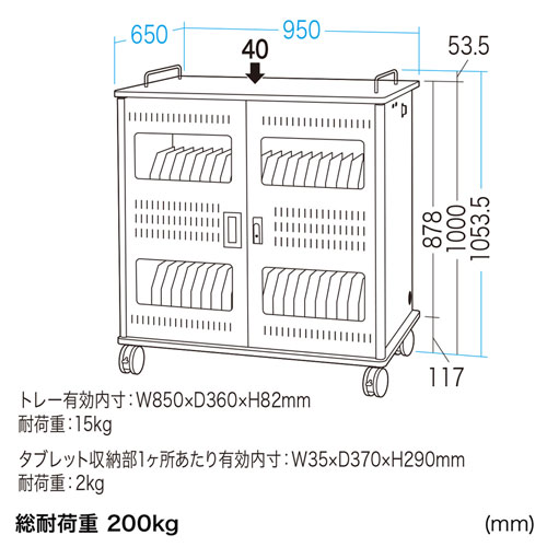 【 2021/12/8 PM 岡山倉庫に在庫潤沢 】サンワサプライ　タブレット収納保管庫 (44台収納)　【鍵×2個付き（1種類・前後共通）】 【W950×D650×H1053.5mm】 【バックパネル 取外し可能】 【ケーブル口有り】 【ACアダプタ収納ホルダー付】 【充電用タップ取付可能】