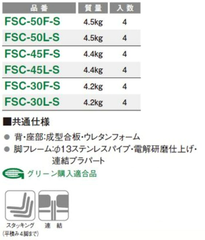 【法人格限定】スタッキングチェアNSC−30F−S同色4脚セット【肘なし】【背面ホワイト樹脂メッシュ】【選べる座面カラー全7色ビニールレザー張り抗菌防汚】【ループ脚】【連結パーツ付】ミーティングチェアTOKIOチェア