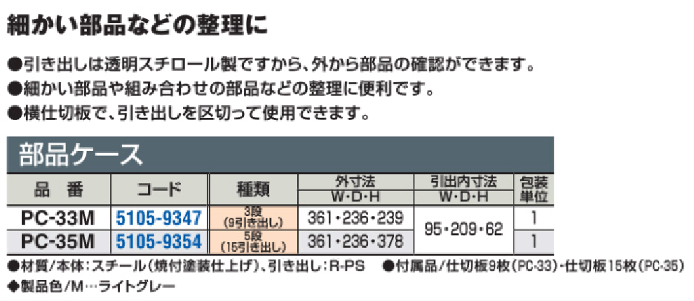 コクヨ文具　部材ケース　PC-33M　1台　◆3段　◆9引き出しタイプ　透明スチロール製...
