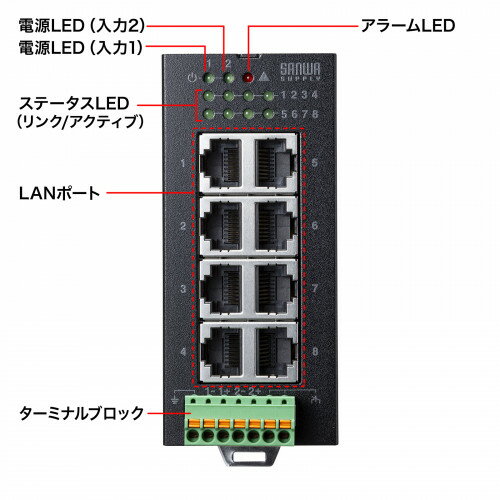 【 2024/01/11AM 　在庫潤沢 】 サンワサプライ　産業用ギガスイッチングハブ 高耐久/8ポート　LAN-GIGAFA804　1台　◆高耐久　◆リスクを回避する凡長電源に対応　◆EMS、EMIなど各種認証を取得済み　◆ギズビットで高速データ転送　◆DINレール取付対応　◆上部にLED搭載