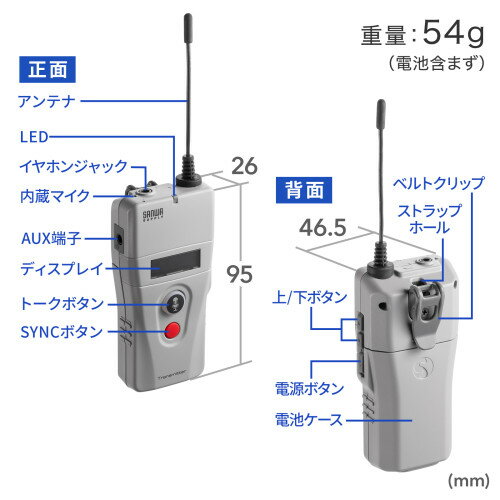 サンワサプライ　ワイヤレスガイドシステム （ 親機 ）　MM-WGS2TN　1ケ　◆電波干渉の少ないUHFワイヤレスで安定した音声通信が可能 　◆電池残量やチャンネル、設定状況が一目でわかる液晶付き　◆音声を多人数にワイヤレス送信　◆市販の単三乾電池が使用可能