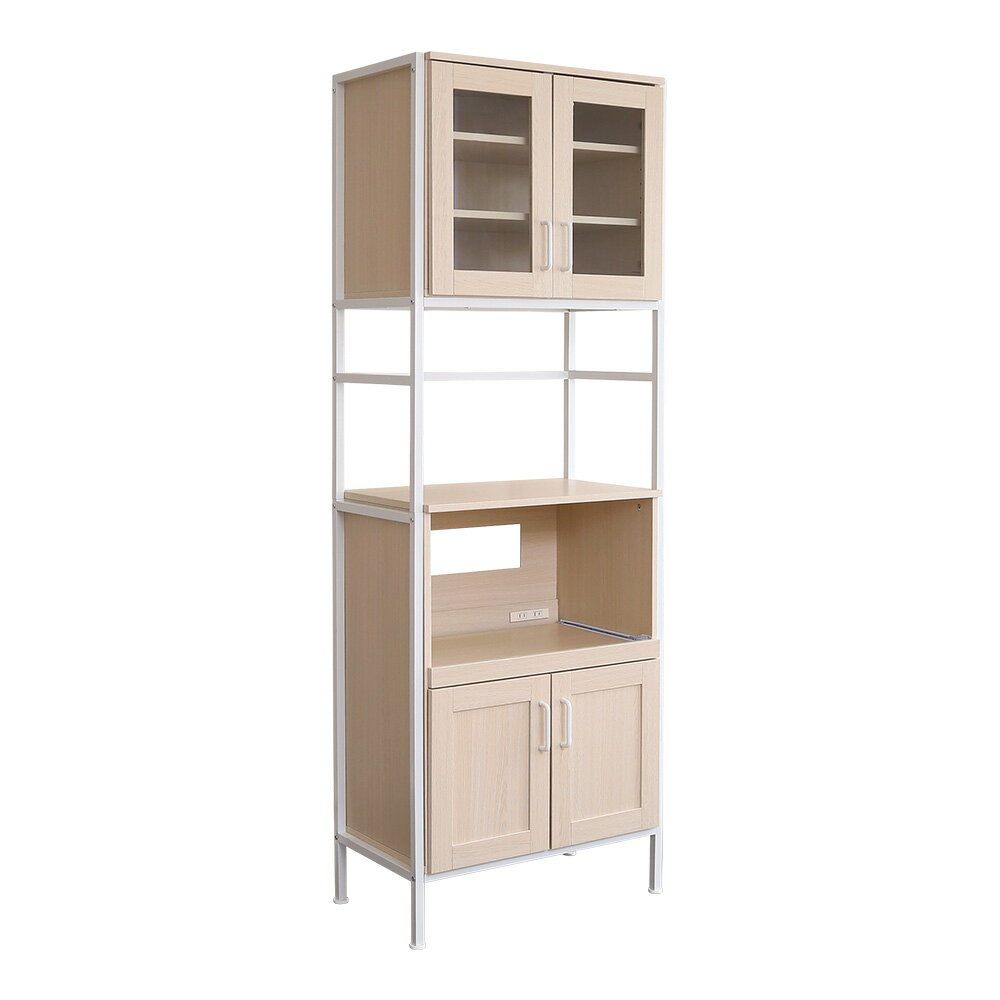 さわやかなオシャレスリム食器棚　64cm幅　ホワイトオーク色　1台　◆大容量　◆キッチン家電や食器など..