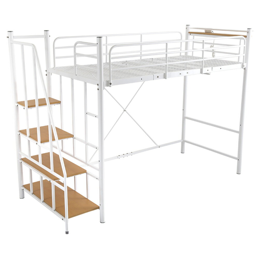 北欧インテリア 階段付き パイプロフトベッド　ホワイト色　1台　◆ハイタイプ・ミドルタイプに高さ調節可能　◆階段位置 左右どちらでも設置可能　◆2口コンセント付　◆宮棚付き　◆衣類収納ハンガーパイプ付　◆一人暮に 新生活に☆　◆お客様組立品 　レヴァタ Levata