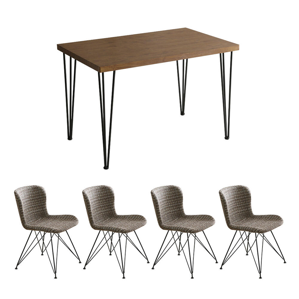 ダイニング5点セット　ファブリックダイニングチェア 4脚 と 110cm テーブル 　チェア ブラウン色　1セット　◆テーブル天板は、水や汚れに強いPVCを使用　◆触感にこだわった木目を側面まで施し、無垢材のような重厚感　◆お客様組立商品　◆PALAY×Umbure