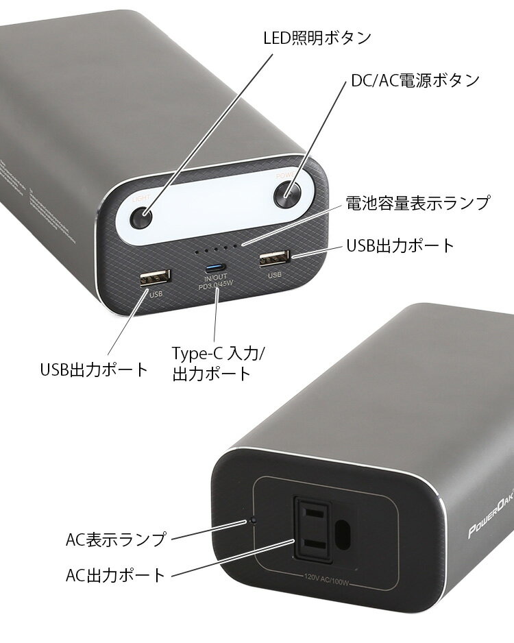 【 2022/06/154AM　在庫潤沢 】 ポータブルバッテリー　AC10--DGY 【 家庭用蓄電池 】 【 26756mAh/99Wh 】 【 PSE認証済 】 【 AC出力 USB出力 Type-C USB-C入力 】 【 ダークグレー色 】 防災用品　キャンプ用品