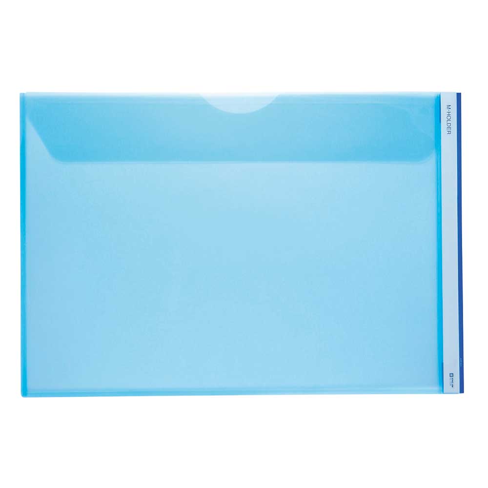 商品名 Mホルダー 青 753E-B 商品番号 753E-B 仕様 ●外寸：約440（W)×303（H)×10（D)mm　●A3ヨコ型Mホルダー 青 753E-B Mホルダー 青 753E-B 書類の一時保管に便利なフタ付きのホルダー。カラー透明PP製なので色分類も可能。