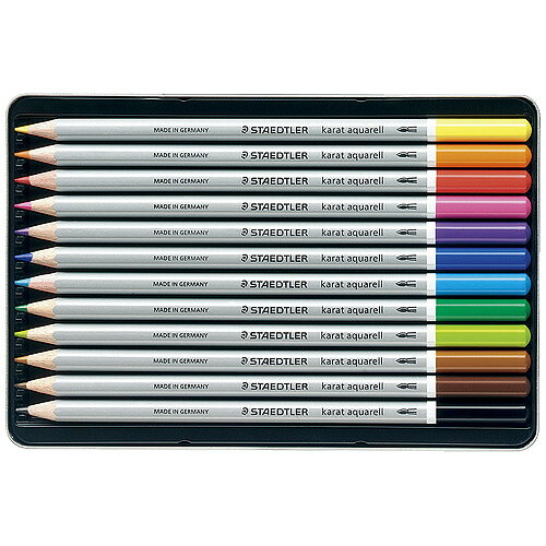 125 M12125 M24125 M36125 M48 商品名 カラト水彩色鉛筆 125M12 12色 商品番号 125 M12 仕様 水彩色鉛筆規格：24色（ホワイト・イエロー・レッド・ボルドー・ブルー・ライトブルー・オレンジ・グリーン・ウイローグリーン・ダークモウブ・バンダイクブラウン・ブラック JANコード 4007817124024すぐれた耐光性と鮮やかな発色性が特徴です。特殊な顔料を使用しているため、水に溶けやすく使いやすくなっています。