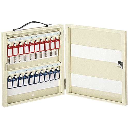 商品名 キーボックスKK KK-20 IV 商品番号 KK-20 IV 仕様 ■規格：20個吊■外形寸法：幅322×奥行50×高さ340mm■質量：1．8kg■材質：鋼板、アミノアルキッド樹脂焼付塗装■キーフックを装備■シリンダー錠を装備■色：ピュアアイボリー■鍵有効高：100mm JANコード 2147345106306大切な鍵を安全に分かりやすく整理して保管するキーボックスです。壁にも取り付け可能です。