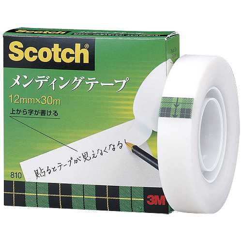 商品名 メンディングテープ 810-1-12 12mm×30m 商品番号 810-1-12 仕様 ■仕様：紙箱入■巻芯径：25mm■テープ厚：0．063mm■サイズ：12mm×30m■個装：1巻 JANコード 21200719035アセテート・フィルムを採用したハイクオリティなテープです。テープの上から文字が書けます。文字の上にテープを貼っても読み取れます。コピーを取ってもテープの跡はほとんど出ません。