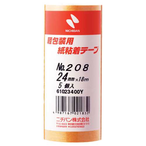 商品名 紙粘着テープ 208-24 24mm×18m 5巻 商品番号 208-24 仕様 ■サイズ：幅24mm×長18m■1パック入数：5巻■色：茶 JANコード 4987167021832テープの手切れ性がよく価格はエコノミーな紙粘着テープ。
