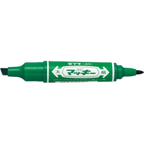 商品名 ハイマッキー MO-150-MC-G 緑 商品番号 MO-150-MC-G 仕様 ■油性マーカー■油性インク■種別：マッキー＜太・細＞■仕様：本体■インク色：緑■本体長：140．8mm■軸径：21．8mm■線幅：太字＝6．0mm、細字＝1．5～2．0mm JANコード 4901681502547定番ハイマッキー。