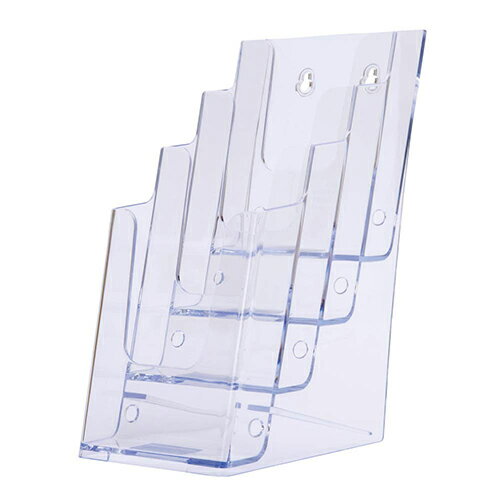 商品名 カタログケース CR77701 A4三折4段 商品番号 CR77701 仕様 ■A4判三折4段■サイズ：幅123×奥203×高254mm■材質：透明スチロール樹脂■本体にシルク印刷で名入れ可能（詳しくはお問い合わせください）■色：透明 JANコード 4943740777015各種パンフレットやチラシ・カタログなどの展示や保管に便利なカタログケースです。一体成型なのでデザインが美しく丈夫です。背面にはフック用の穴がありますので壁かけ用としてもご利用いただけます。名入れをすればさらに広告効果が見込めます。