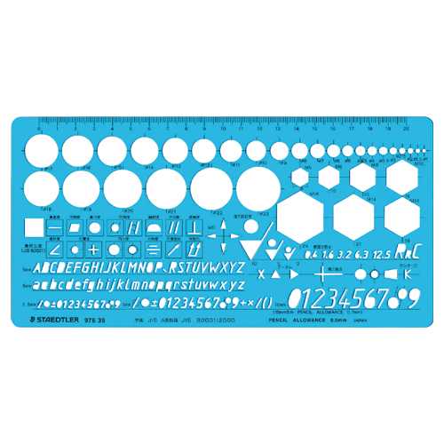 商品名 テンプレート 976 39 機械記号 商品番号 976 39 仕様 ■テンプレート■規格：機械記号定規■サイズ：縦115×横230×厚1mm■材質：スミペック（耐衝撃性アクリル）■色：透明ブルー JANコード 4955414976396目に負担をかけない透明ブルー仕上げ。インクエッジ付き。品質のよいプラスチックを精密加工した高級テンプレートです。