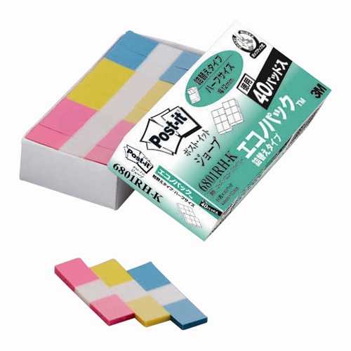 商品名 Post-it 6801RH-K フラッグ詰換 ハーフ 商品番号 6801RH-K 仕様 ■フラッグ■詰替用■入数：50枚×40パッド■サイズ：縦43．6×横12mm■色：混色（ローズ、イエロー、スカイブルー） JANコード 4548623045993フラッグは下の文字を隠さないので、マークはもちろん、そのままコピーしたり上から書き込んで使えます。