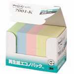 商品名 Post-it 再生紙見出し 7001-K 混色 商品番号 7001-K 仕様 ■色：混色（イエロー、ピンク、ブルー、グリーン）■パッドサイズのふせん：幅15mm×高さ50mm■個装：25パッド（1パッドは100枚）です。■水分散性の粘着剤を使用。 JANコード 4519001104632見出しにぴったりのサイズのふせん。楽しく色分けできます。オフィスでのまとめ買いに便利なお特用パックです。色や書き心地、使用感などは、今までとまったく変わりません。