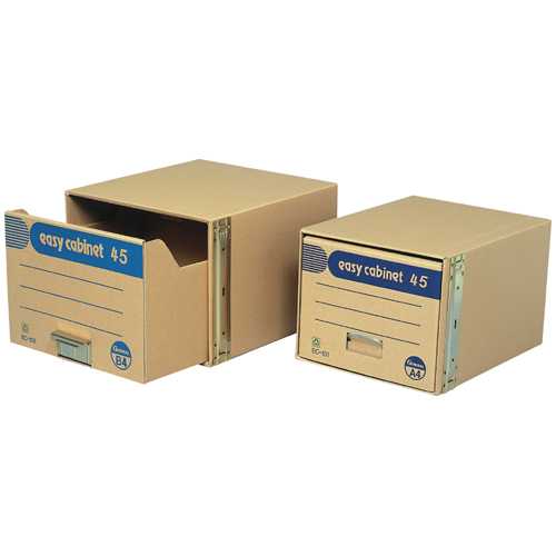 商品名 イージキャビネット 45普及型 EC-101 商品番号 EC-101 仕様 ■A4用■引出型（1列×1段）■補強金具付き■外形寸法：W365×D450×H290mm■材質：ダンボール製■商品呼称：イージーキャビネット45 JANコード 4973772000010狭い場所にもスッキリ置ける、奥行45cmの省スペースタイプの文書保存箱。引き出しやすい金属の取っ手が付いています。