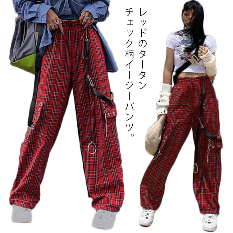 ワイドパンツ ハイウエスト アシンメトリー 柄パン アクセサリー付き 斜め掛けベルト ウエストゴム チェック ボトムス ダンス 衣装 ヒップホップ コスチューム 韓国ファッショ大きいサイズ 個性的 服 原宿系