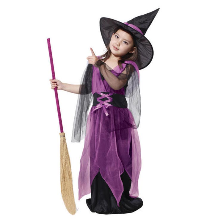 送料無料 ハロウィン 魔女 3点セット ワンピース+キャップ+箒 パープル ワンピース ロングワンピース 仮装 女の子 可愛い 子供用 パーティー 衣装 コスチューム 子供ドレス コスプレ 演出服 変装