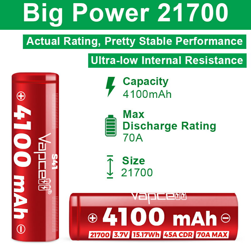 電子タバコ専門店　オフィスエッジの【2本セット】Vapcell 21700 S41 4100mAh 45A フラットトップバッテリー バップセル 電子タバコ ベイプ vape 充電池 電池【PSE】[D-79]｜アングル2