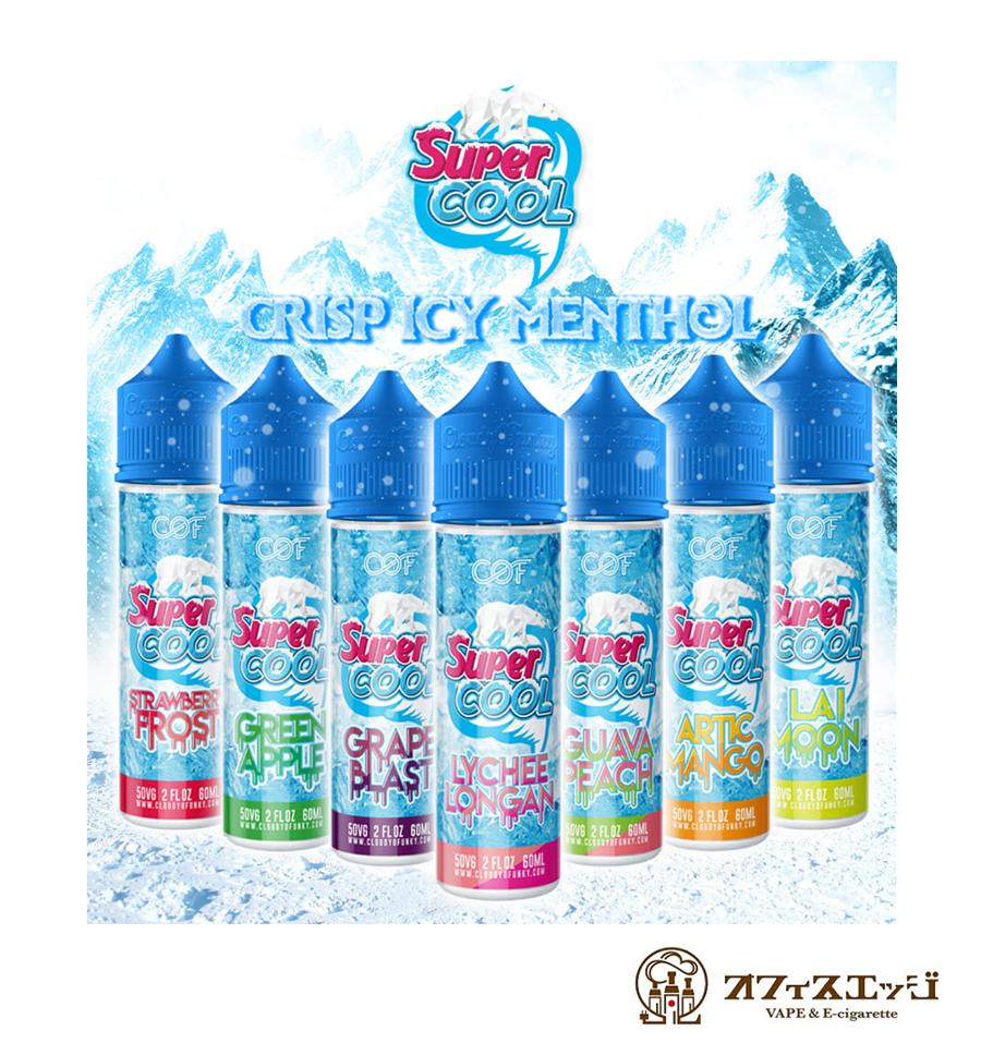 商品名 Cloudy O Funky Super COOL 60ml 商品説明 ■ストロベリーフロスト ストロベリーキャンディーに清涼感をプラス ■アーティクマンゴー 完熟マンゴーに清涼感をプラス ■ライムーン レモンとライムのフレーバー 清涼感プラス ■グレープブラスト 濃厚グレープに清涼感をプラス ■グリーンアップル 爽やかでスッキリとした青りんごに清涼感をプラス ■グァバピーチ グアバとピーチのトロピカルミックスに清涼感プラス ■ライチ・リュウガン ライチに清涼感をプラス ■アップルアロエベラ アップル、アロエベラのミックスに清涼感プラス ■オレンジレモネード オレンジ、レモネード＋清涼感 ■ピンキーブラッシュ ストロベリー、ライチのミックスに清涼感プラス ■マングミルク マンゴー、ミルク＋清涼感 ■シャインマスカット 人気のシャインマスカット＋清涼感 ■キングメロン メロン＋清涼感 ■ピーチネクター 甘いピーチ＋清涼感 ■ブルーラズベリー 甘酸っぱいブルーベリーとラズベリーのフレーバー に清涼感プラス ■Yacool 乳酸菌飲料ヨーグルト味＋清涼感 内容量：60ml マレーシア産 内容品 1* Cloudy O Funky Super COOL 60ml 注意事項 ロットによってボトルやラベルに仕様変更が ある場合がございます。