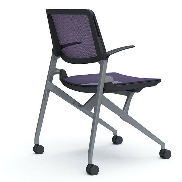オカムラ ミーティングチェア Marca マルカ 背座メッシュ シルバーフレーム ブラックシェル 肘付 パープル 81M2JG F1E0 [2]