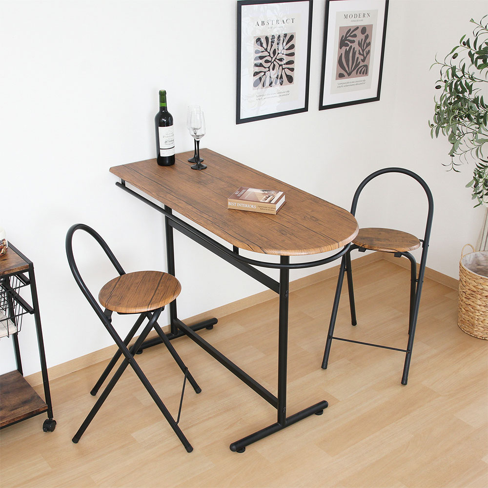カウンターテーブル＆チェア 3点セット カフェテーブル おしゃれ 2人用 ブラウン ブラック アイアン 幅110cm 折りたたみ椅子