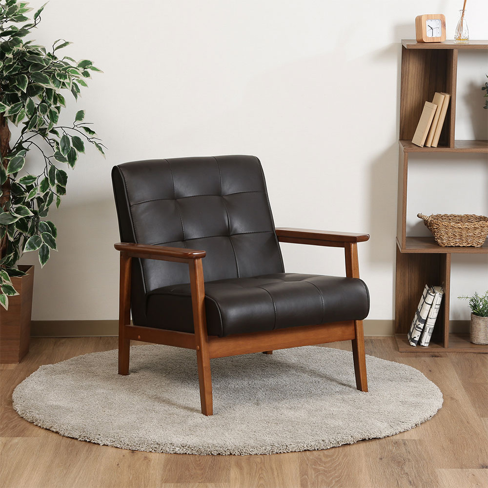 Rakuten - 1人掛けソファー ソファ おしゃれ バイキャスト加工 カフェ系 レトロ系 ダークブラウン 肘掛け 天然木 バイキャストPUソファ フレンズ