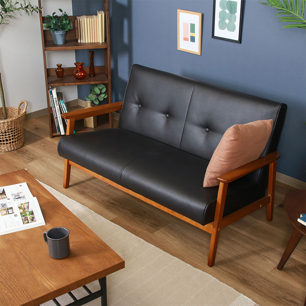 Rakuten - 2人掛けソファー ソファ おしゃれ バイキャスト加工 カフェ系 レトロ系 ダークブラウン 肘掛け 天然木 バイキャストPUソファ ミート