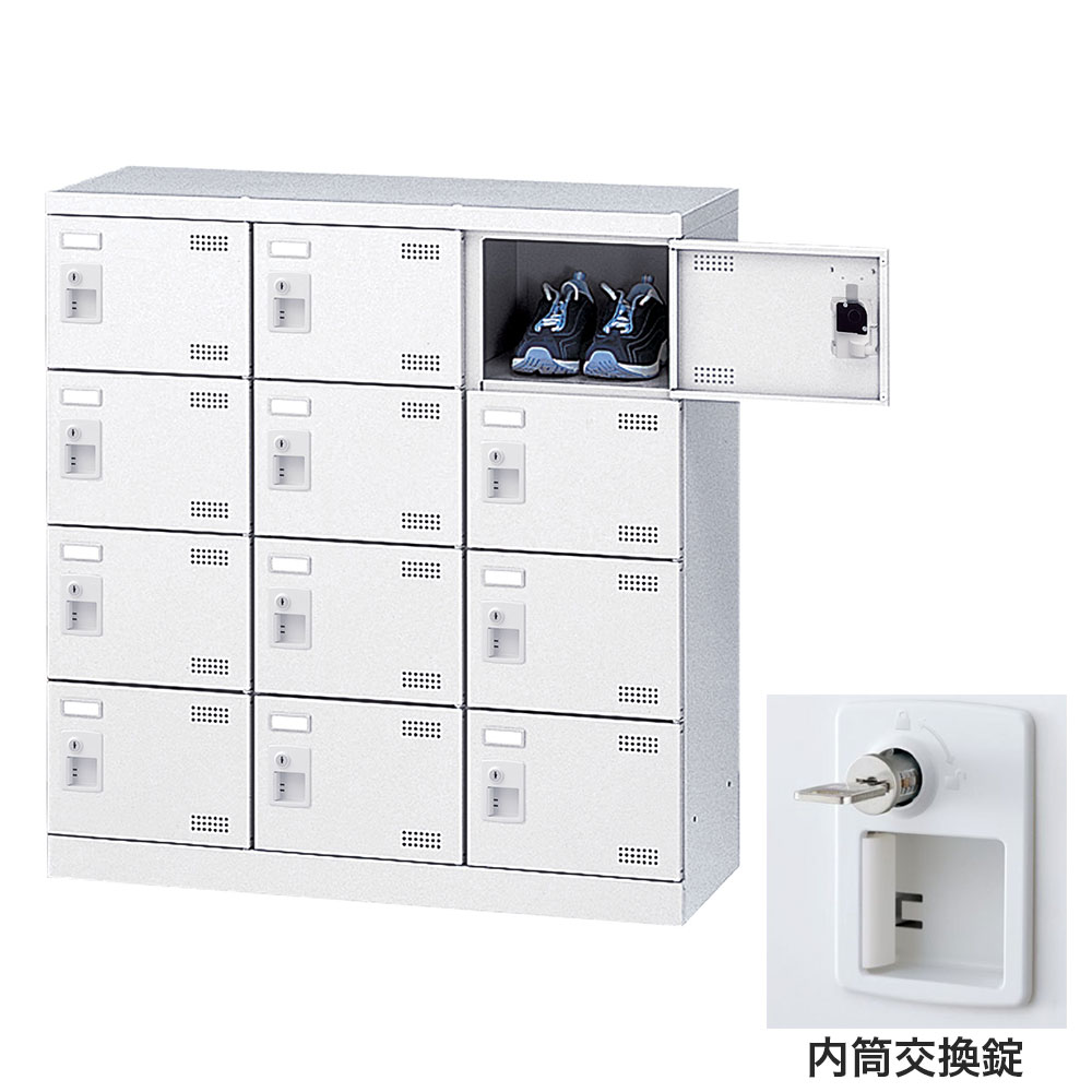 靴箱 シューズロッカー 下駄箱 スチール製 鍵付 業務用 完成品 日本製 扉付 ホワイト 12足 SLBW-M12-T3 (内筒交換錠)3列4段12人用 生興(3.0)