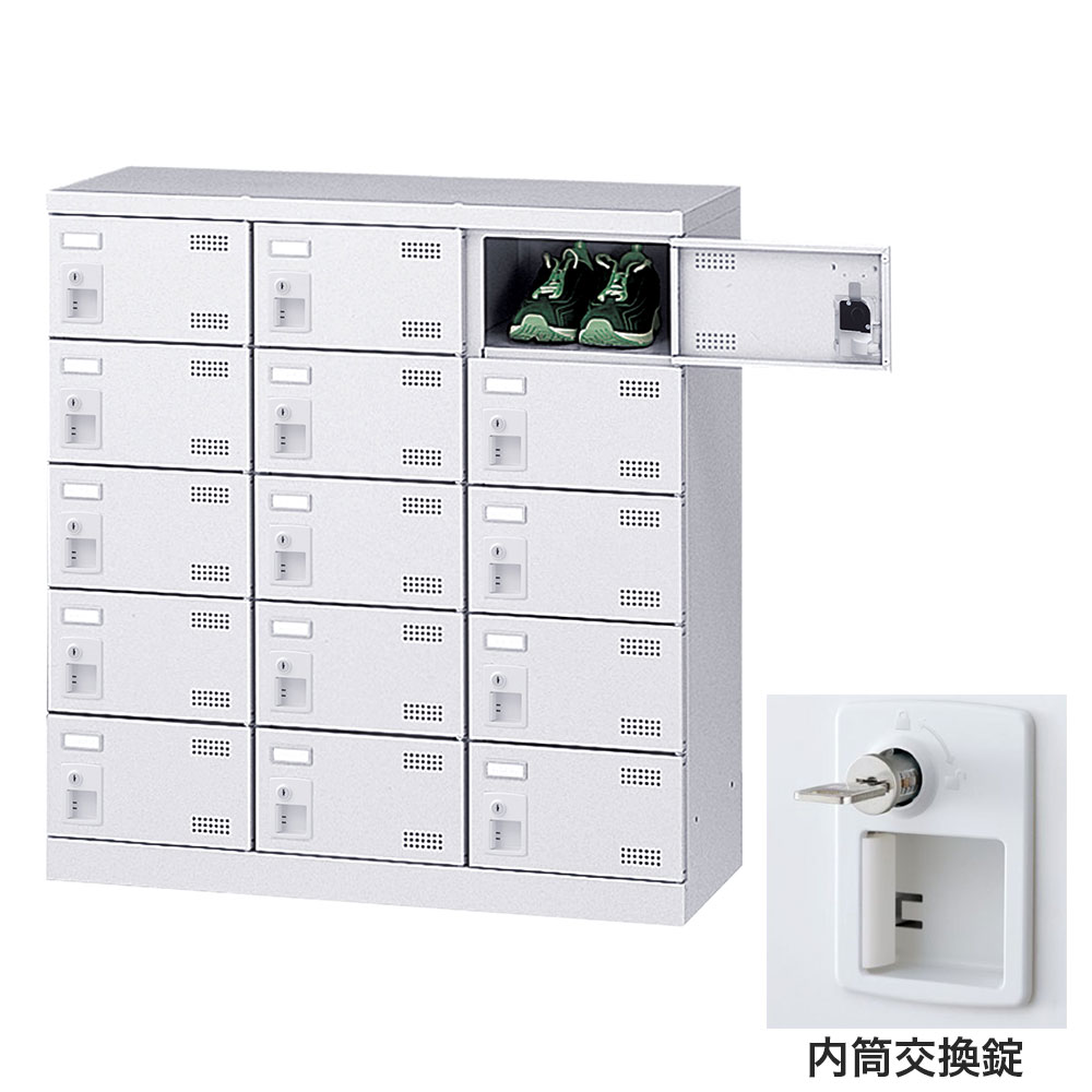 Shoe Locker - 靴箱 シューズロッカー 下駄箱 スチール製 鍵付 業務用 完成品 日本製 扉付 ホワイト 15足 SLBW-M15-T3 (内筒交換錠)3列5段15人用 生興