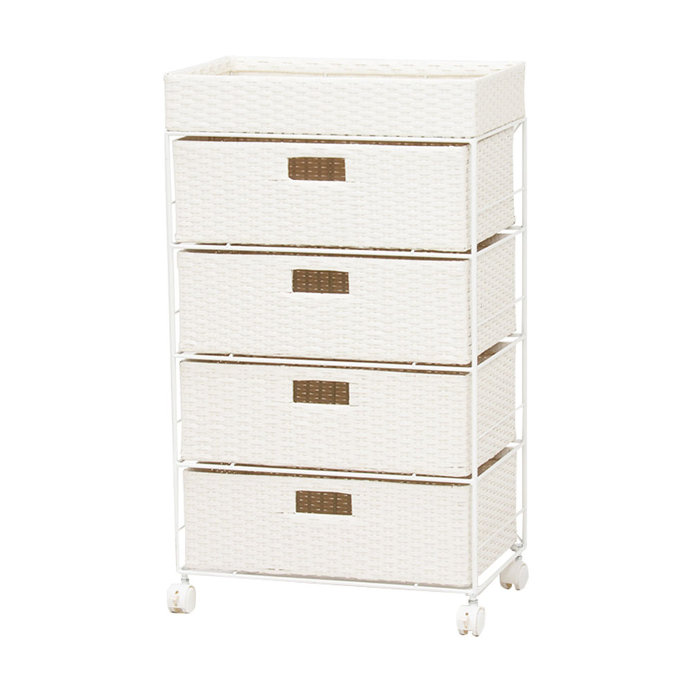 ランドリーラック 4段 幅50cm キャスター付 防水 ラタン調 バスケット付 引き出し RAN-2412WH ホワイト 萩原