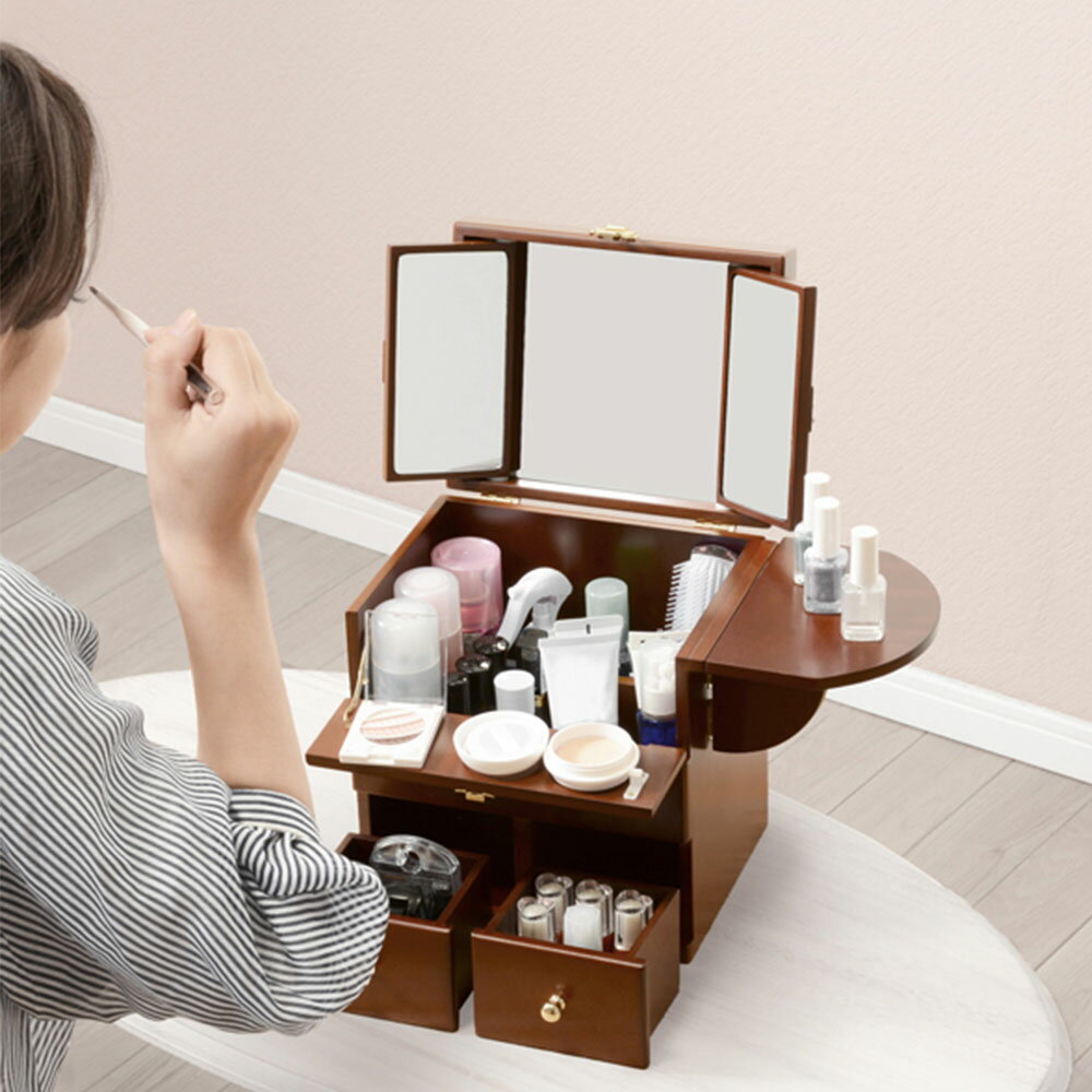 Rakuten - コスメBOX コスメ メイク 収納 化粧箱 かわいい 三面鏡付き 大容量 完成品 コスメボックス ブラウン MUD-6930BR 萩原