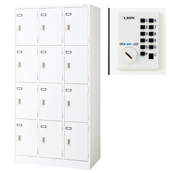 【受注生産品】ライオン事務器 キーレスロッカー PLタイプ プッシュ錠付き 収納タイプ 12人用 W900×D515×H1790mm ホワイト KL-712-P-W 572-64 [ロッカー 収納家具 オフィス家具 オフィス収納 会社 企業向け スチールロッカー スチール製]