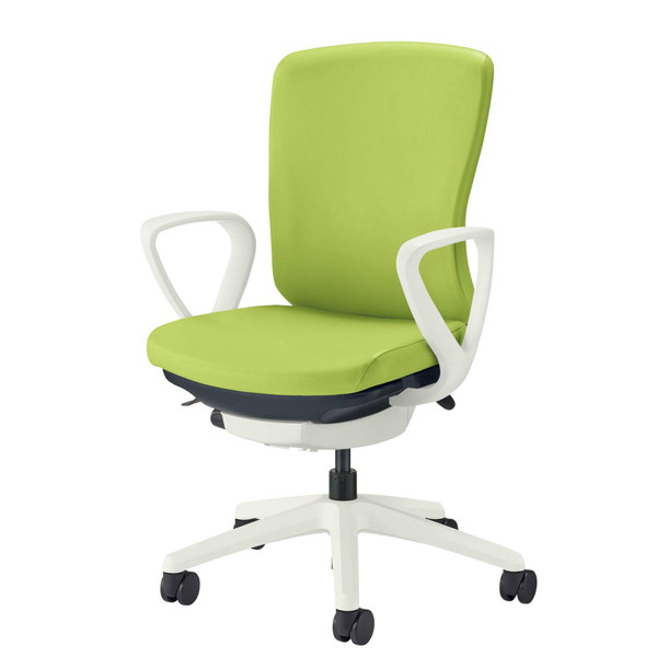 ライオン事務器 オフィスチェア バーサル ミドルバック ホワイトシェル ホワイト脚 サークルアーム ビニールレザー張り グリーン No.3511S-W