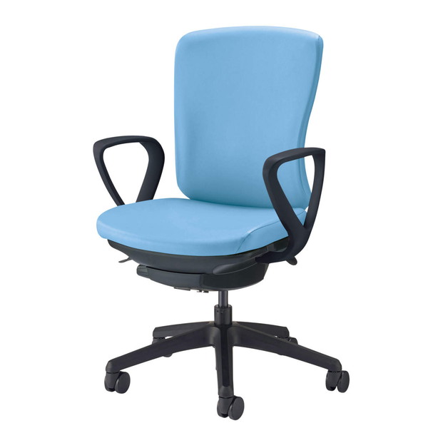 ライオン事務器 オフィスチェア バーサル ミドルバック ブラックシェル ブラック脚 サークルアーム ビニールレザー張り オールドブルー No.3516S-K