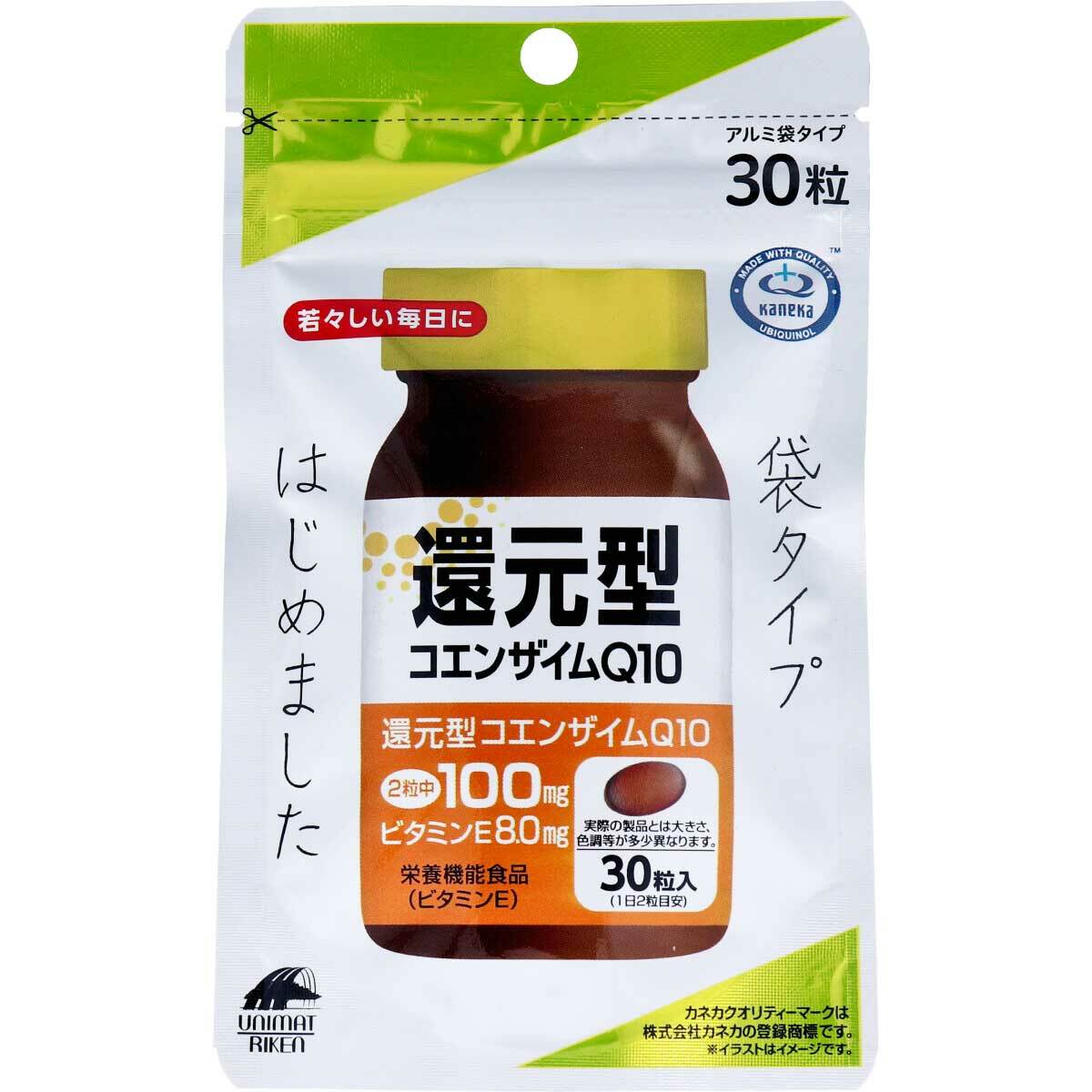 商品情報サイズ・容量個装サイズ：90X150X15mm個装重量：約18g内容量：12.9g(430mg×30粒)(1粒中内容量270mg)規格【栄養機能食品(ビタミンE)】【名称】還元型コエンザイムQ10加工食品【原材料】サフラワー油(国内製造)、ゼラチン(豚皮由来)、還元型コエンザイムQ10／グリセリン、ミツロウ、カラメル色素、ビタミンE【栄養成分(2粒(0.86g)当たり)】エネルギー：6.0kcaLたんぱく質：0.23g脂質：0.53g炭水化物：0.07g食塩相当量：0.0002gビタミンE：8.0mg還元型コエンザイムQ10：100mg【基準値に占める割合】栄養素等表示基準値(18歳以上、基準熱量2200kcal)に占める割合：ビタミンE 127％【1日あたりの摂取目安量】2粒【召し上がり方】・栄養機能食品として1日2粒を目安に、水またはぬるま湯と共にお召し上がりください。【保存方法】・高温多湿、直射日光を避けて保存してください。【注意】・開封後はチャックをしっかりと閉めて保管し、お早目にお召し上がりください。・薬を服用中の方、通院中の方、妊娠・授乳中の方は、医師にご相談ください。・体に合わない時は、ご使用をおやめください。・本品は、多量摂取により疾病が治癒したり、より健康が増進するものではありません。一日の摂取目安量を守ってください。・本品は、特定保健用食品と異なり、消費者庁長官による個別審査を受けたものではありません。・食生活は、主食、主菜、副菜を基本に、食事のバランスを。【栄養機能食品(ビタミンE)】【発売元：株式会社ユニマットリケン】製造国：日本広告文責：オフィスKanna　TEL：082-847-2414還元型コエンザイムQ10 袋タイプ 30粒 カネカ社製還元型コエンザイムQ10を1日2粒に100mg配合し、更にビタミンEを配合した、栄養機能食品(ビタミンE)です。 若々しい毎日の美容と健康を応援します。 ●持ち運びにも便利な袋タイプです。●ビタミンEは、抗酸化作用により、体内の脂質を酸化から守り、細胞の健康維持を助ける栄養素です。 1