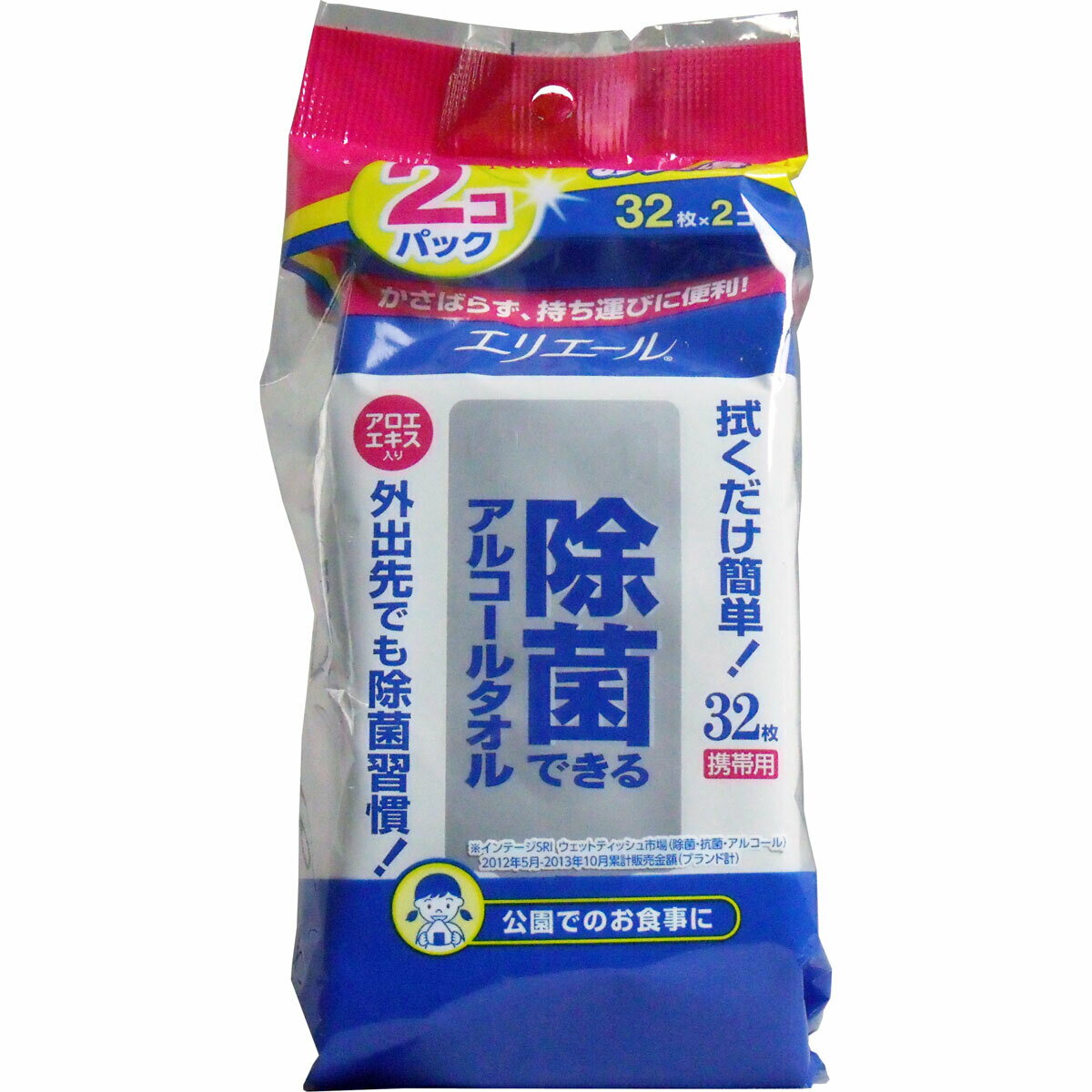 商品情報 サイズ・容量個装サイズ：95X210X70mm個装重量：約260g内容量：32枚X2パック入規格【成分】エタノール、水、PG、ポリオキシエチレンアルキルアミン、ベンザルコニウムクロリド、アロエエキス【使用用途】・外出先での汚れ落としに・身のまわりのものに・旅行、アウトドアに【使用方法】・蓋をOpenの所から開け、1枚ずつ取り出してお使いください。・乾燥を防ぐため、ご使用後は必ずフタシールをきちんと閉めてください。【寸法】150mmX200mm【使用上の注意】・目や粘膜、傷口には使用しないでください。・皮膚に異常が見られる場合は直ちに使用を中止し、医師に相談してください。・火気の近くでご使用・保管・破棄はしないでください。・乳幼児の手の届く所、日の当たる所及び高温になる所には置かないでください。また、狭い場所でのご使用時は換気をしてください。・液が目に入った場合は、すぐ水で充分に洗い流してください。・アルコール過敏症の方や乳幼児は使用しないでください。・塗装面、水拭きできない材質、革製品、溶剤に弱い材質には付着させないでください。変色、変質の恐れがあります。・トイレの詰まりを防止する為に、水洗トイレには流さないでください。・すべての菌を除去できるわけではありません。 製造国：日本発売元：大王製紙株式会社広告文責　オフィスKanna　TEL　082-847-2414【3個セット】エリエール　除菌できるアルコールタオル　携帯用　32枚入×2個パック 拭くだけ簡単！除菌習慣！！かさばらず、持ち運びに便利！！ 商品紹介 拭くだけ簡単！除菌習慣！！かさばらず、持ち運びに便利！！外出先でも除菌習慣！●公園でのお食事に。●お買得！2個パック。 1