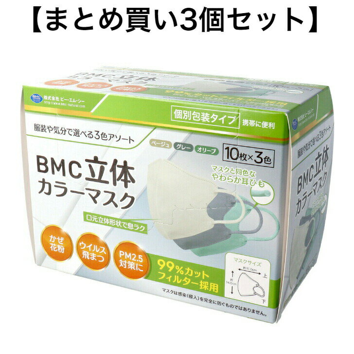 商品情報サイズ・容量個装サイズ：170X85X120mm個装重量：約149g内容量：10枚×3色(30枚)入製造国：中国発売元：株式会社ビー・エム・シー規格 【品名】マスク (BMC立体カラーマスク・オリーブ／グレー／ベージュ)【サイズ】約140mm×110mm(折り畳み時)【素材】本体、フィルター部：ポリプロピレン不織布耳ひも：ポリエステル・ポリウレタン【使用方法】(1)マスク上下を確認します。つなぎ目にキリコミのある方が上です。(2)耳ひもを伸ばしながら、両耳にかけてください。(3)マスクと顔の隙間をなくし、顔にフィットするように調節してください。【注意】・本品は有毒ガス・有害粉塵を防ぐ目的での使用はできません。・本品は使い切りタイプです。洗濯による再使用はできません。・万一、かゆみ・かぶれ等の症状があらわれた場合は使用を中止してください。・マスク以外の用途には使用しないでください。・乳幼児の手の届かないところで保管してください。・高温多湿な場所での保管は避けてください。広告文責：株式会社Office Kanna　TEL：082-847-2414【まとめ買い3個セット】BMC 立体カラーマスク 個別包装 30枚入 服装や気分で選べる3色アソート！※沖縄県、一部離島への発送は別途送料がかかります。 服装や気分で選べる3色アソートのマスクです！ ●口元立体形状で息ラク！●携帯に便利で衛生的な個別包装。●スタイリッシュなカラーバリエーション。(ベージュ・グレー・オリーブ)●高性能フィルターで、ウイルス飛まつ・花粉・PM2.5粒子をしっかりブロック！●やわらか耳ひもで快適装着。 1